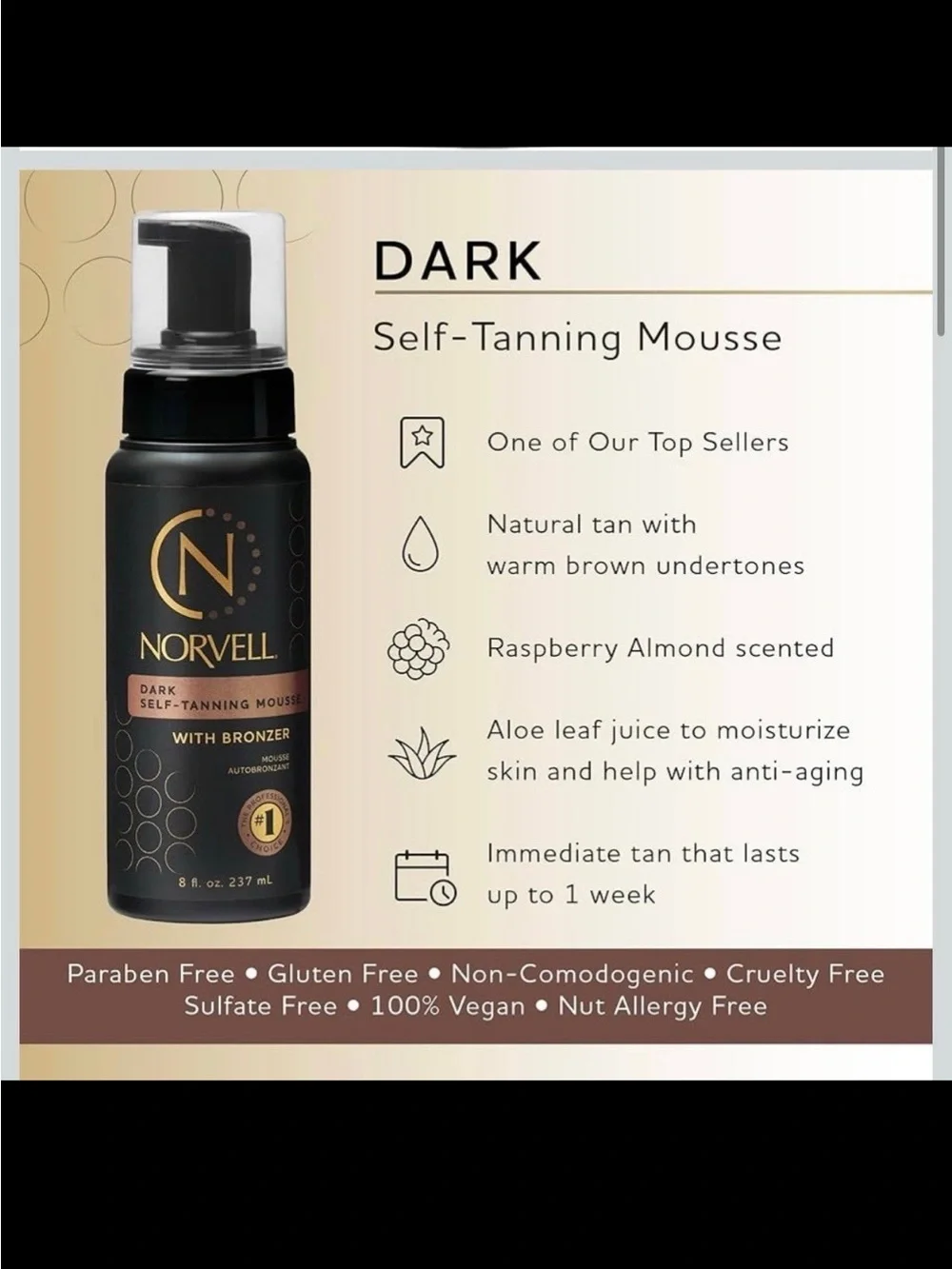 Norvell Sunless Dark Self Tanner Mousse with Bronzer 8 fl oz – Instant Natural